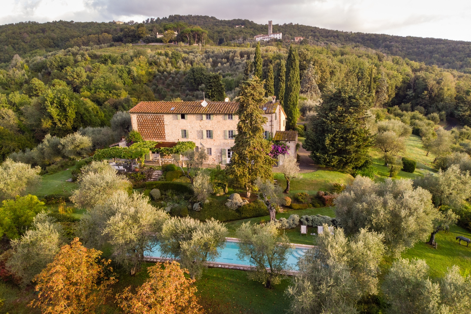 Aerial view of Villa Ortensia and its grounds in Tuscany Italy