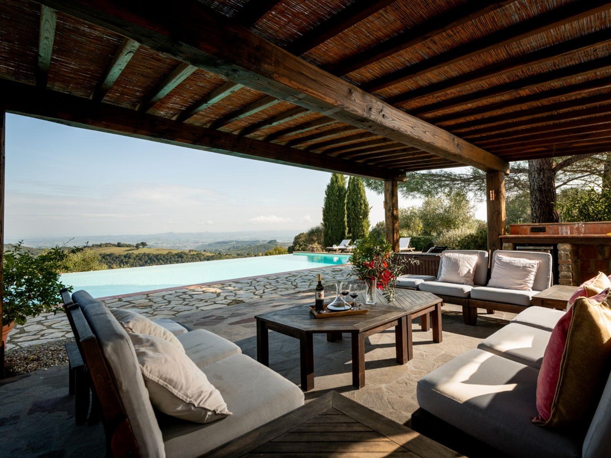 Outdoor pool lounge area with sofas at Villa San Barberino in Tuscany