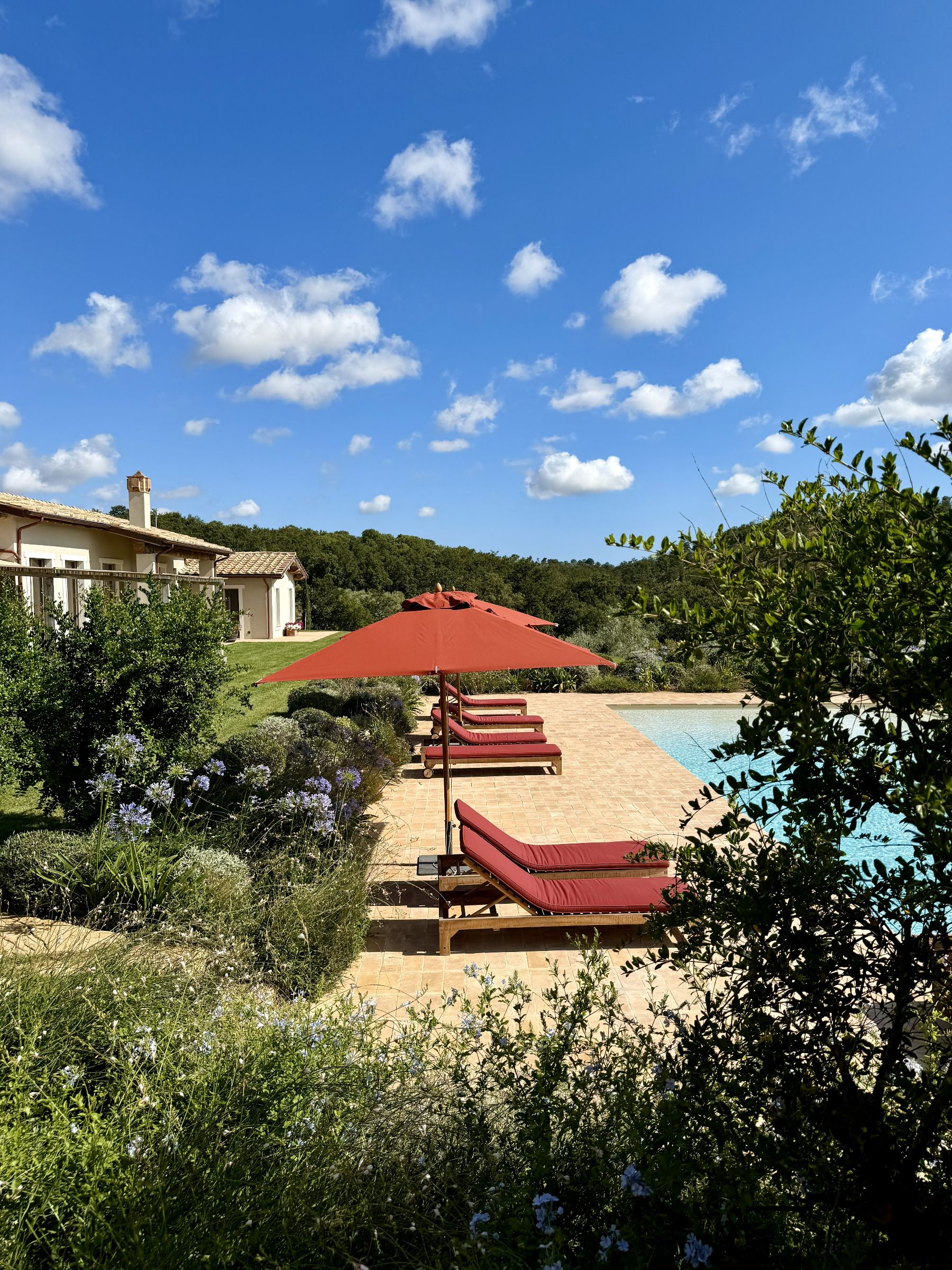 View of villa and pool loungers at Villa Tenerezza in Tuscany