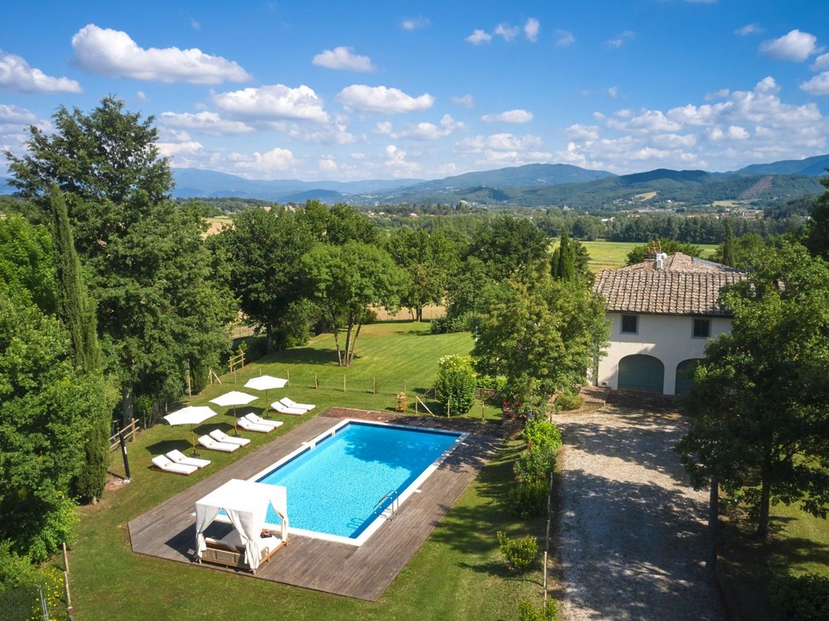 Aerial view of pool at Villa Tuori in Tuscany