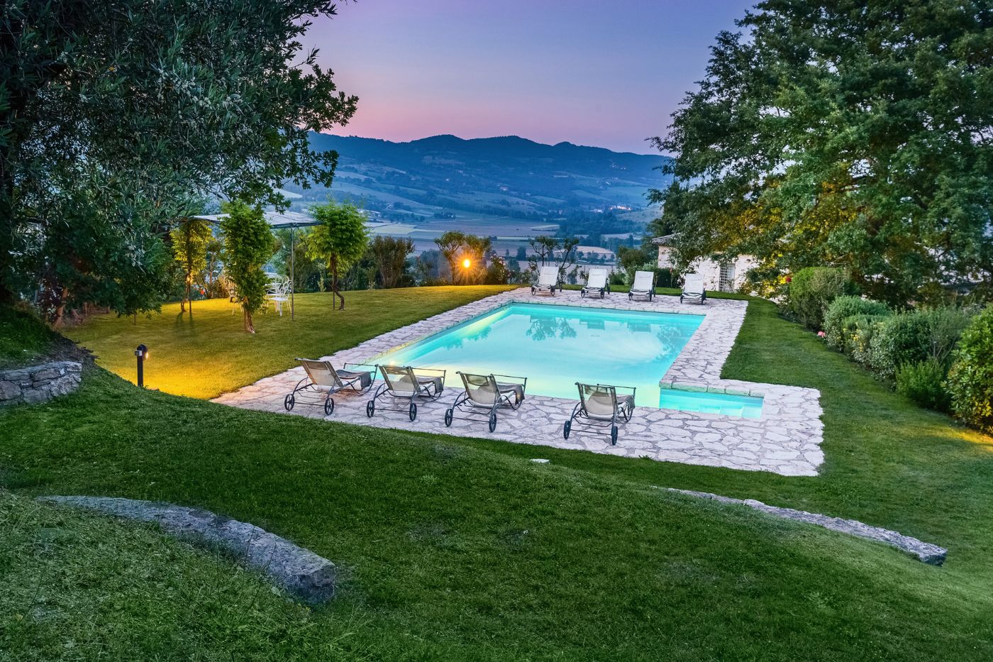 The swimming pool of Il Coccinella at night.