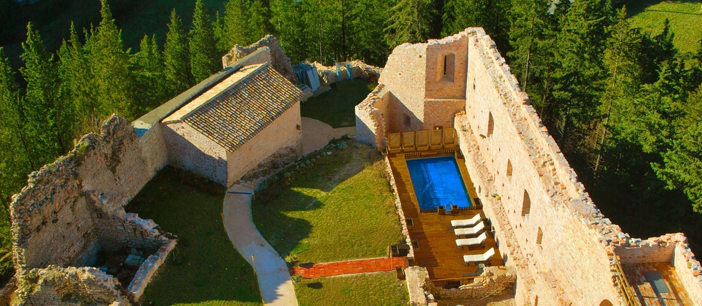 Aerial of the garden and exteriors of La Rocca, Umbria