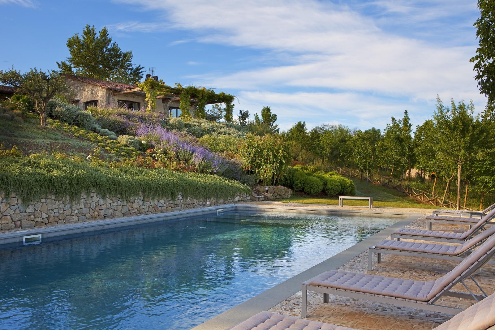 Pool with view towards the villa and sun loungers at Mandola Piccola in Umbria