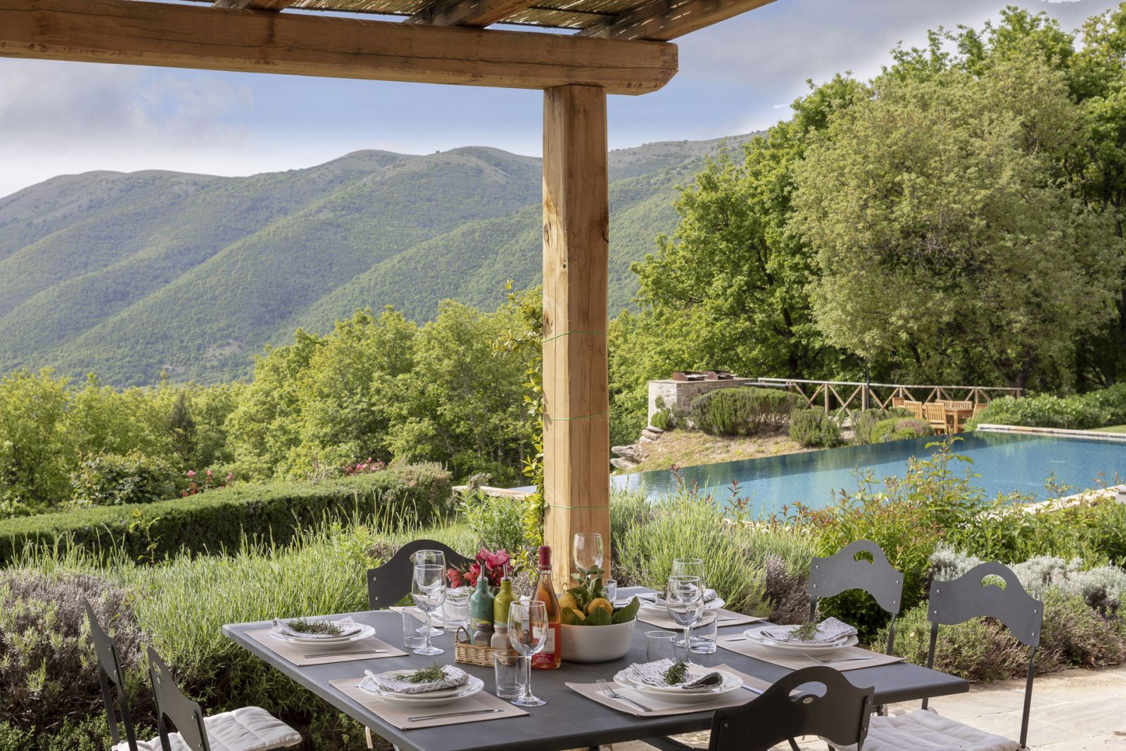 Terrace and pool view at Monticello in Umbria 