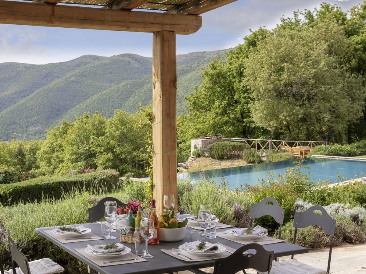 Terrace and pool view at Monticello in Umbria