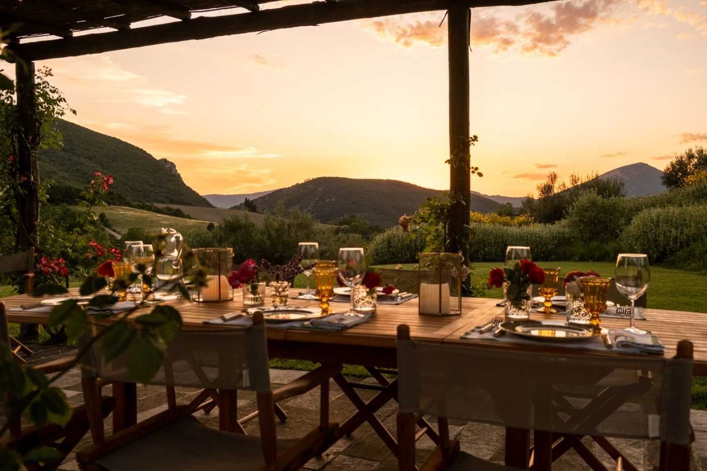 Outdoor dining space with spectacular views at Villa Il Canto.