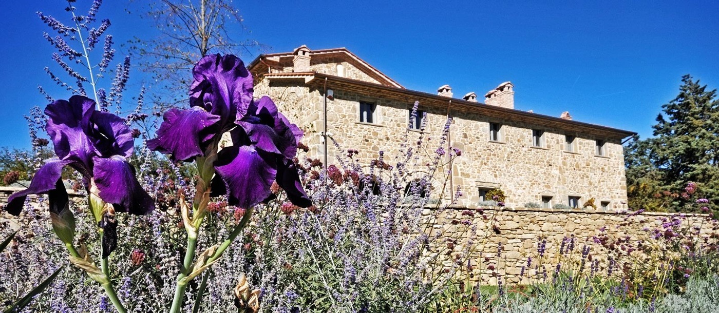 Looking through the flowerbed to Villa Meridiana