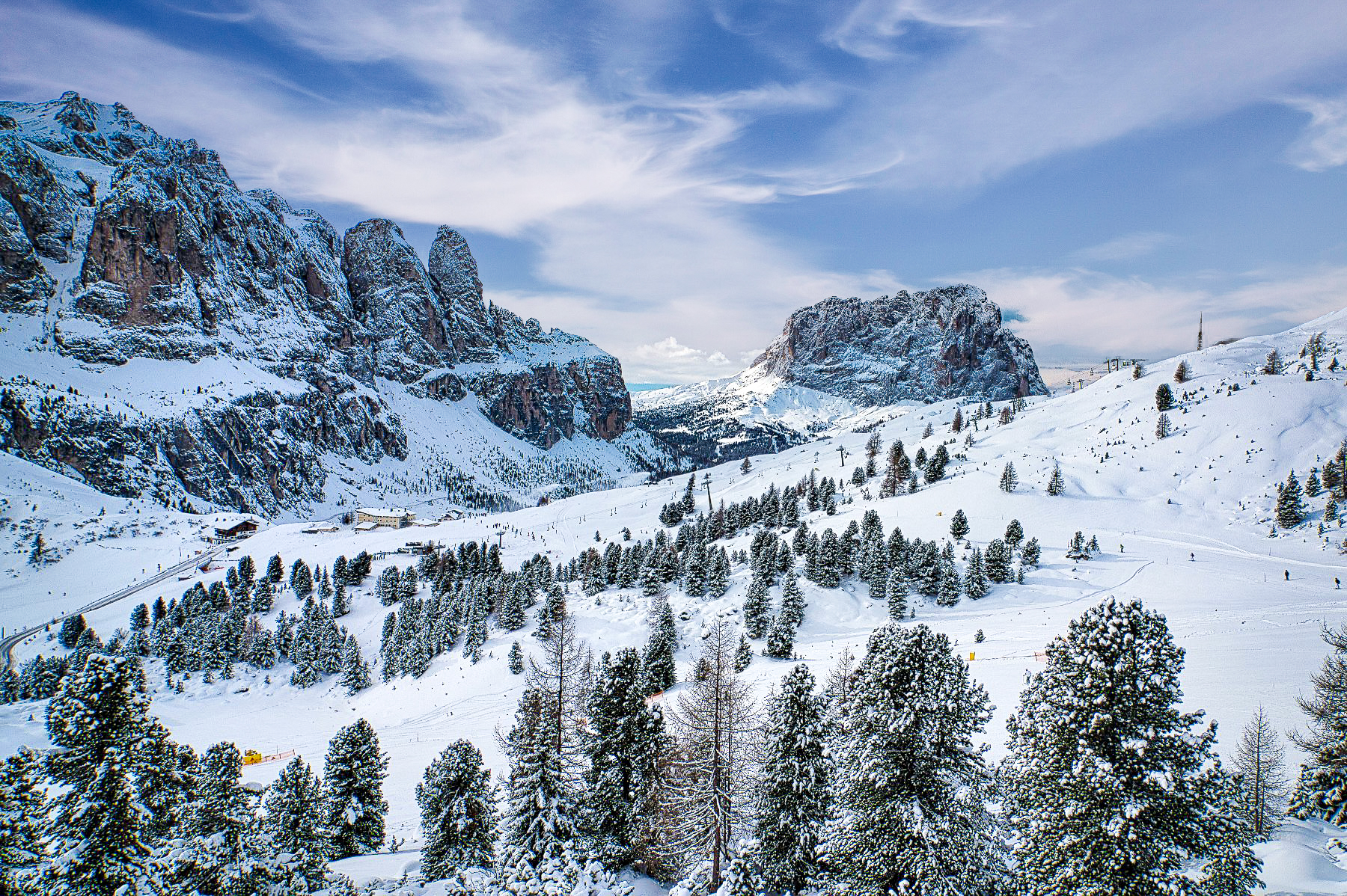 Landscape of the Val Gardena in winter