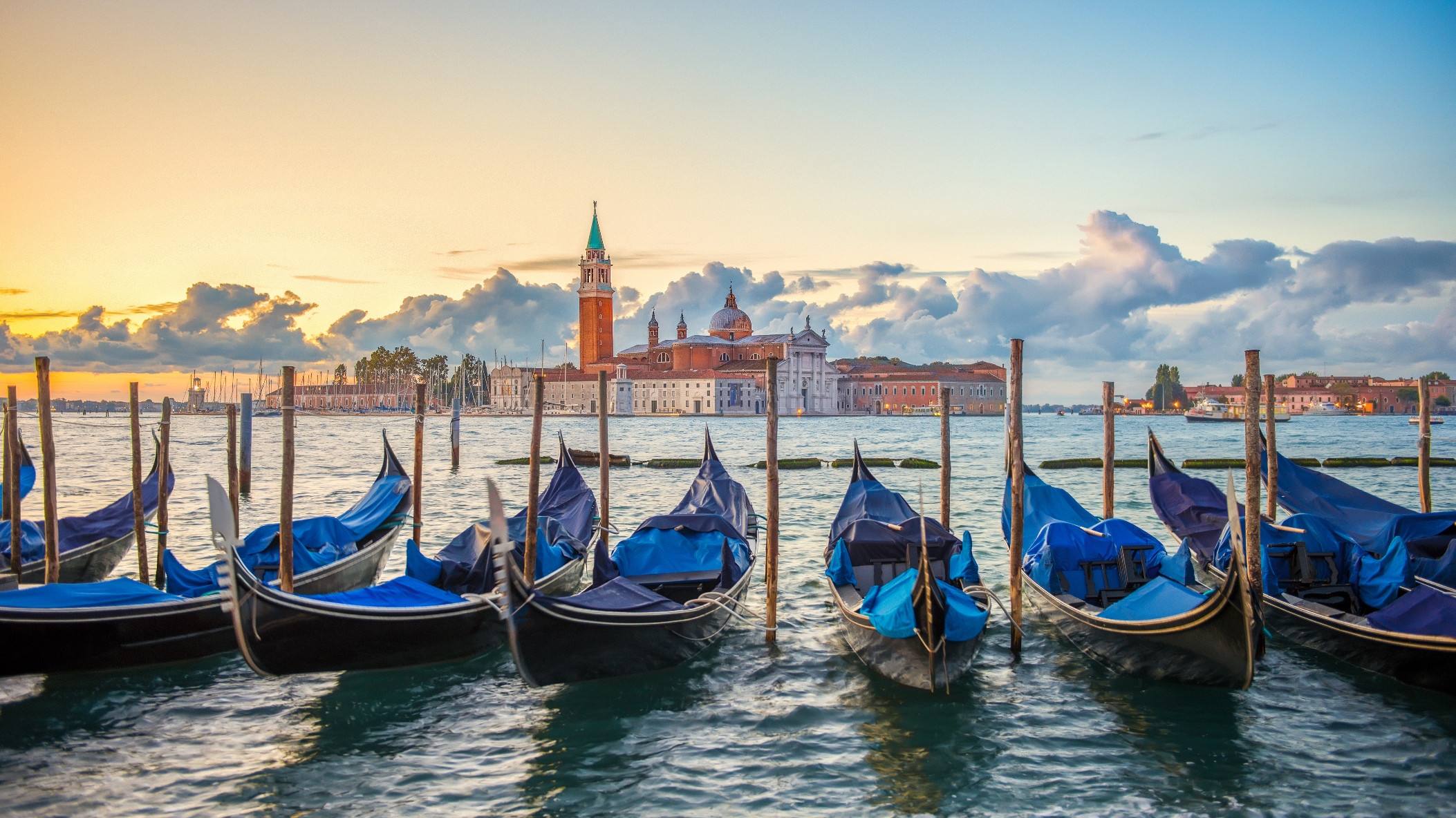 Gondolas in Venice at dusk