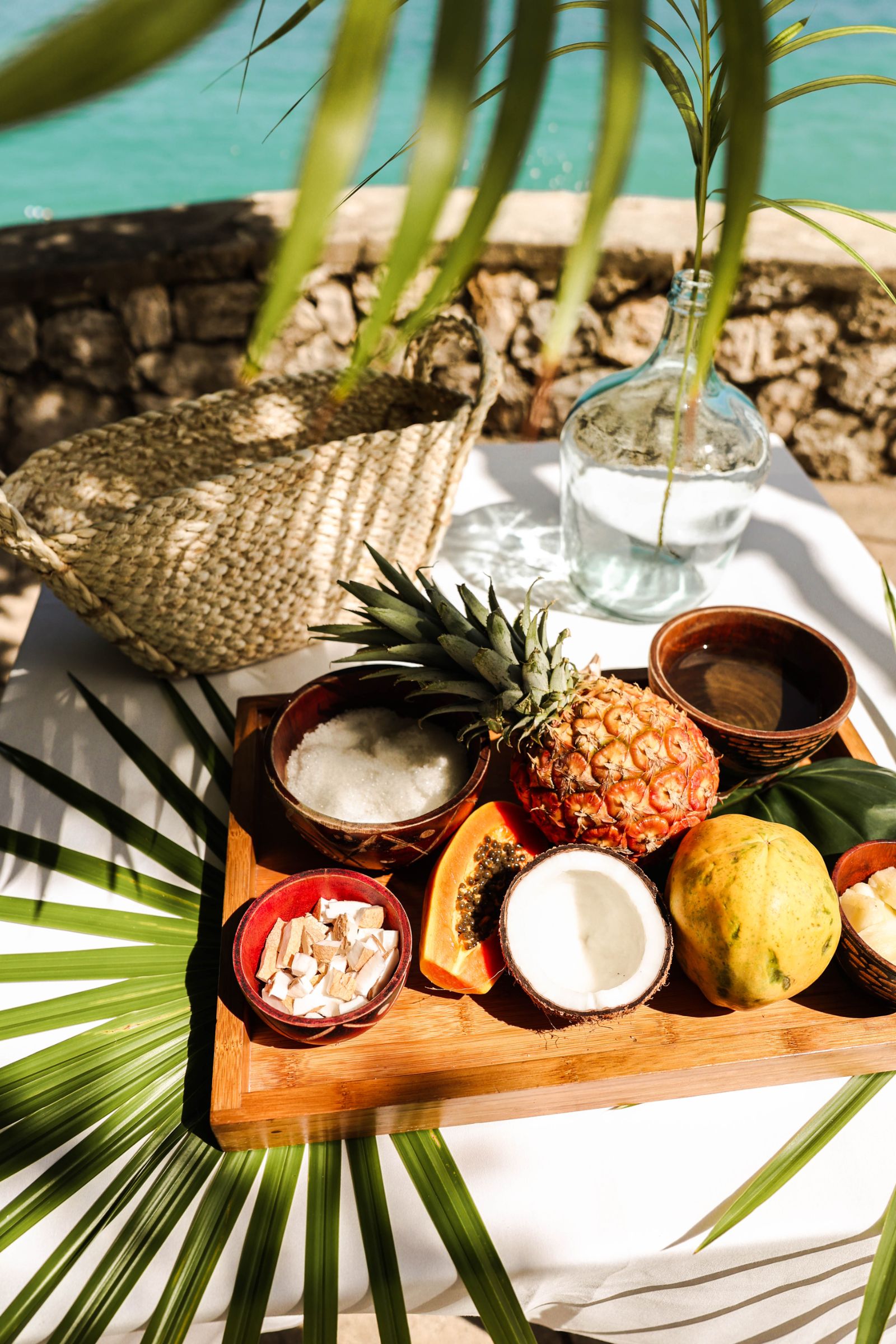 Fresh tropical fruit delivered to the pool at luxury resort Jamaica Inn in Jamaica