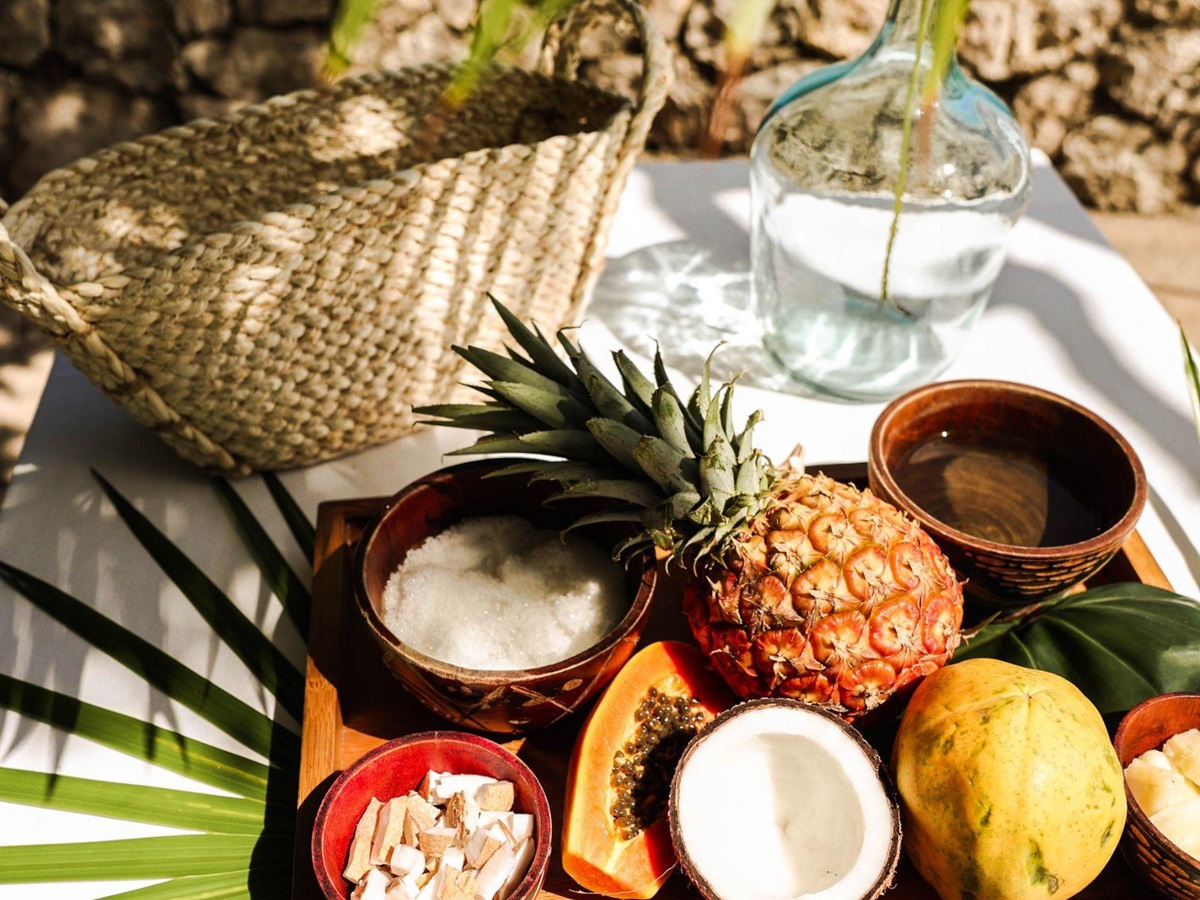 Fresh tropical fruit delivered to the pool at luxury resort Jamaica Inn in Jamaica