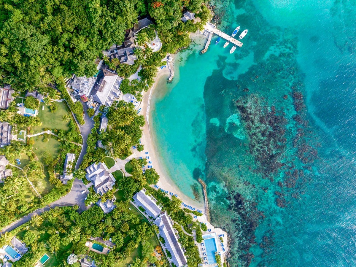 Aerial view of Round Hill Hotel & Villas in Montego Bay, Jamaica