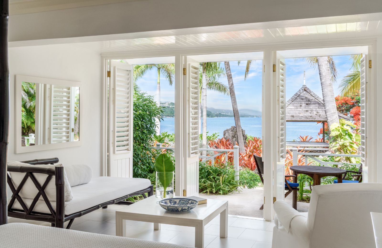 Premium ocean front guest room at Round Hill Hotel & Villas in Montego Bay, Jamaica