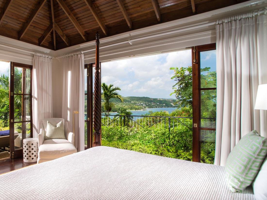 Bedroom view of a villa at Round Hill Hotel & Villas in Montego Bay, Jamaica