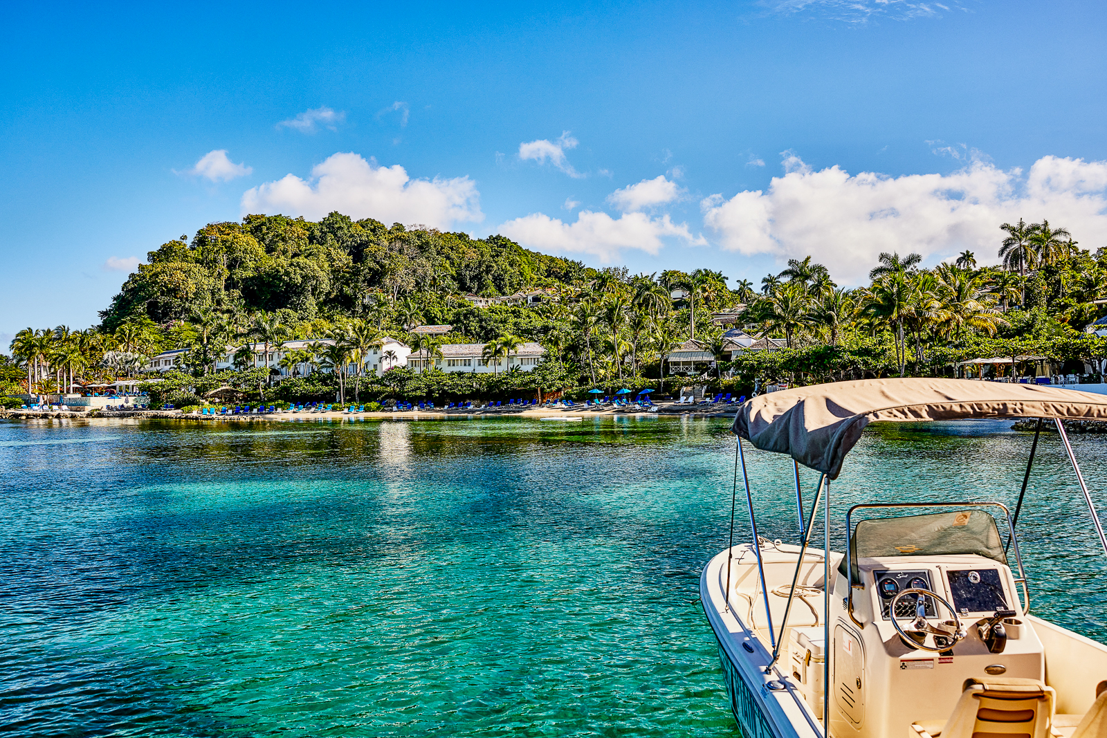A boat in the bay at Round Hill resort in Jamaica