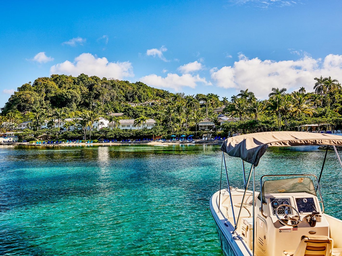 A boat in the bay at Round Hill resort in Jamaica