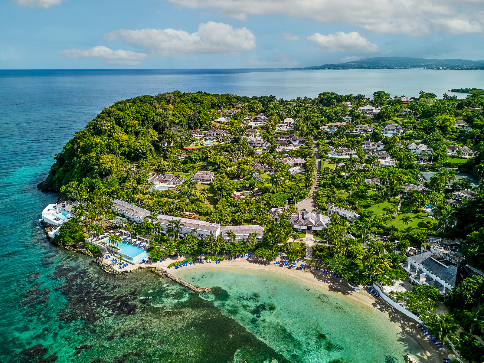 Aerial drone view of Round Hill resort in Jamaica