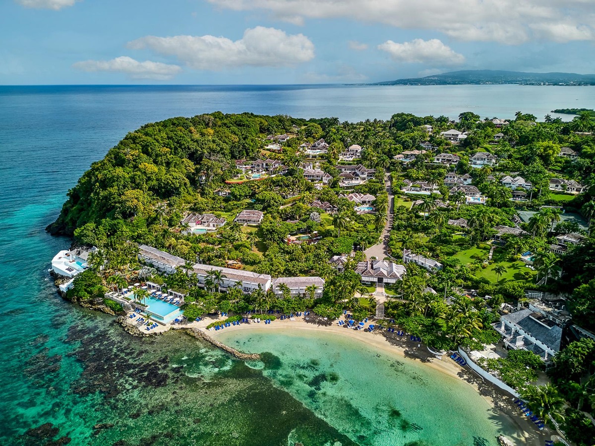 Aerial drone view of Round Hill resort in Jamaica