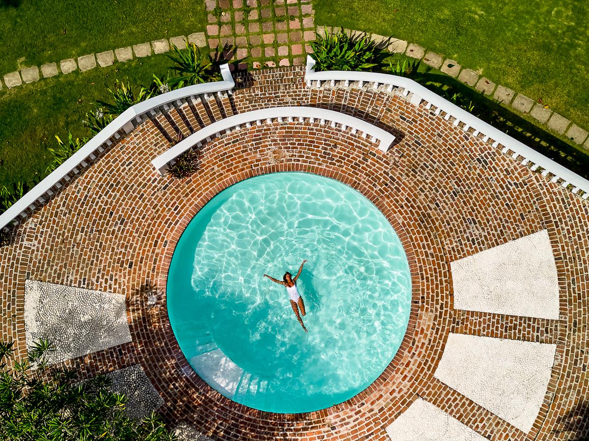 Aerial view of the swimming pool at Round Hill resort in Jamaica