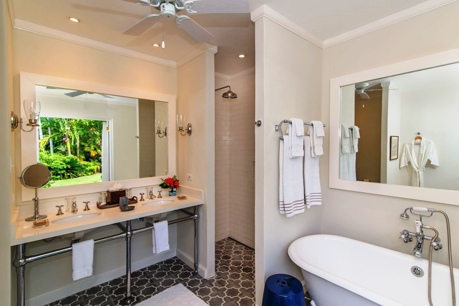 bathroom with two sinks and bathtub at Almond Hill Villa, Montego Bay Jamaica