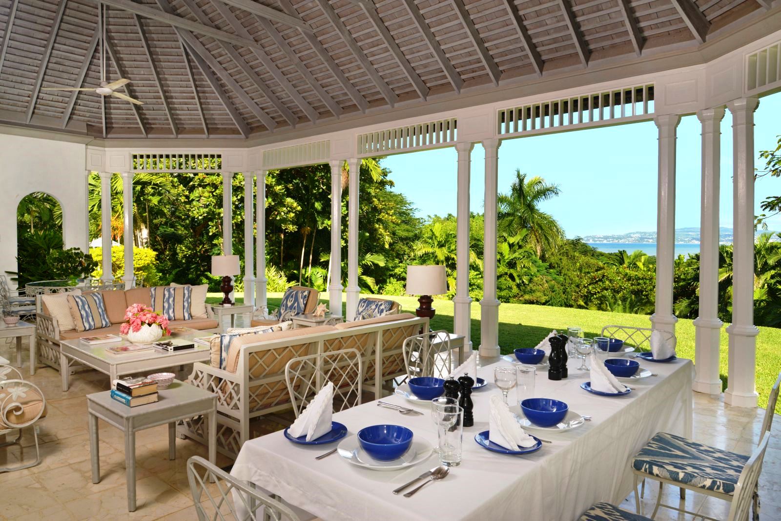 dining and seating area     with views over the garden and hills at Almond Hill Villa, Montego Bay Jamaica