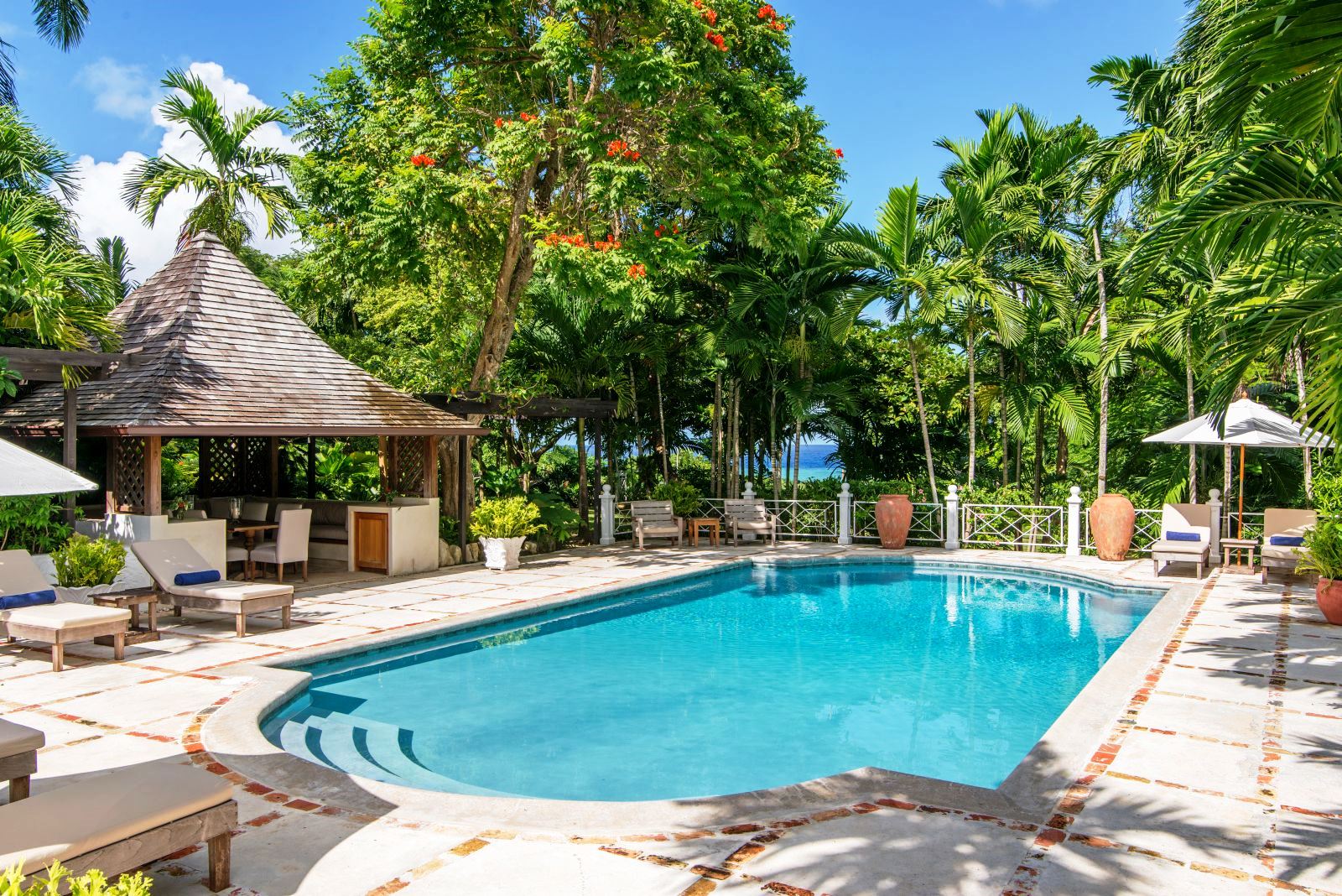 swimming poll with gazebo and pool furniture at Almond Hill Villa, Montego Bay Jamaica