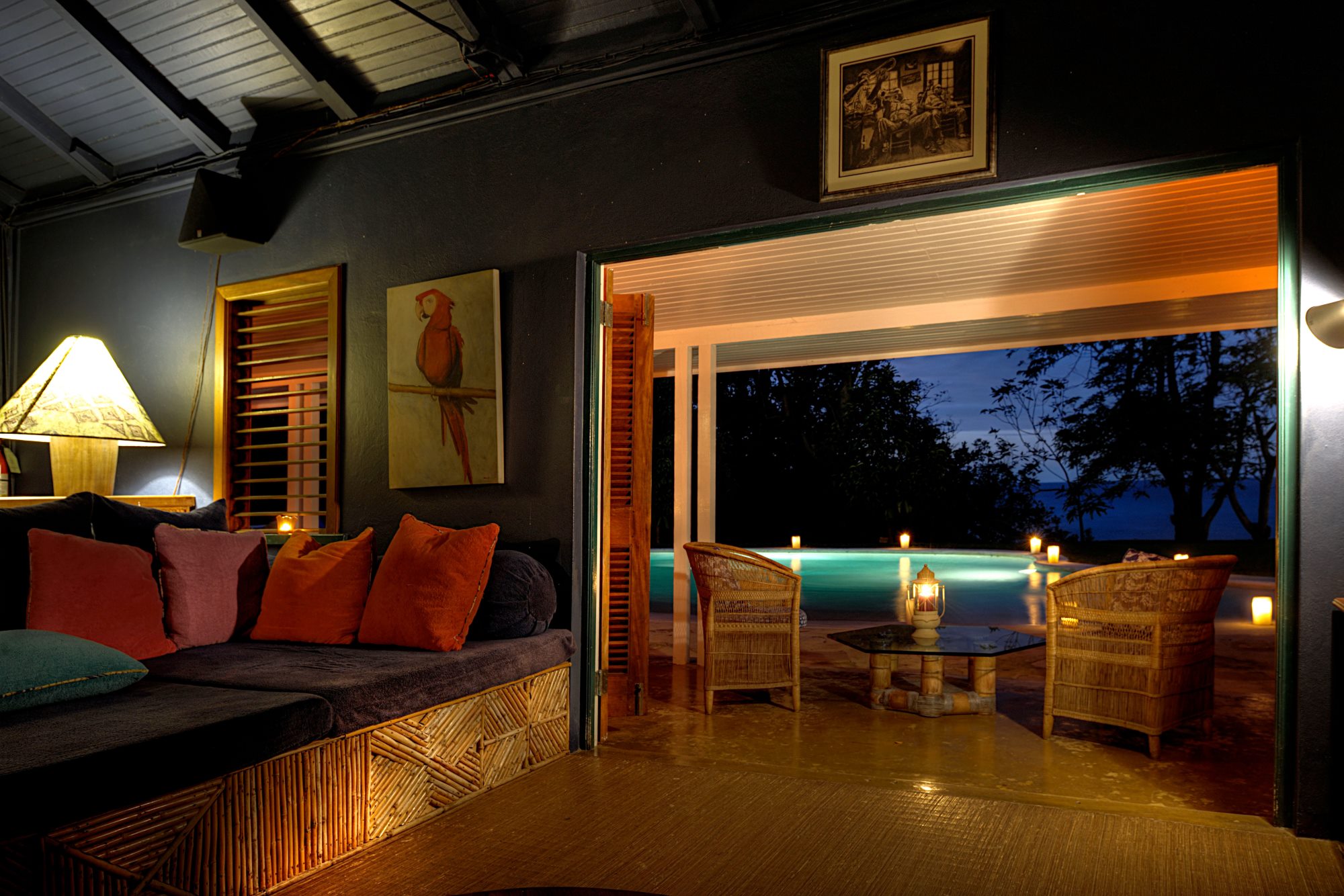 The media room by night at Fleming Villa Goldeneye, Jamaica
