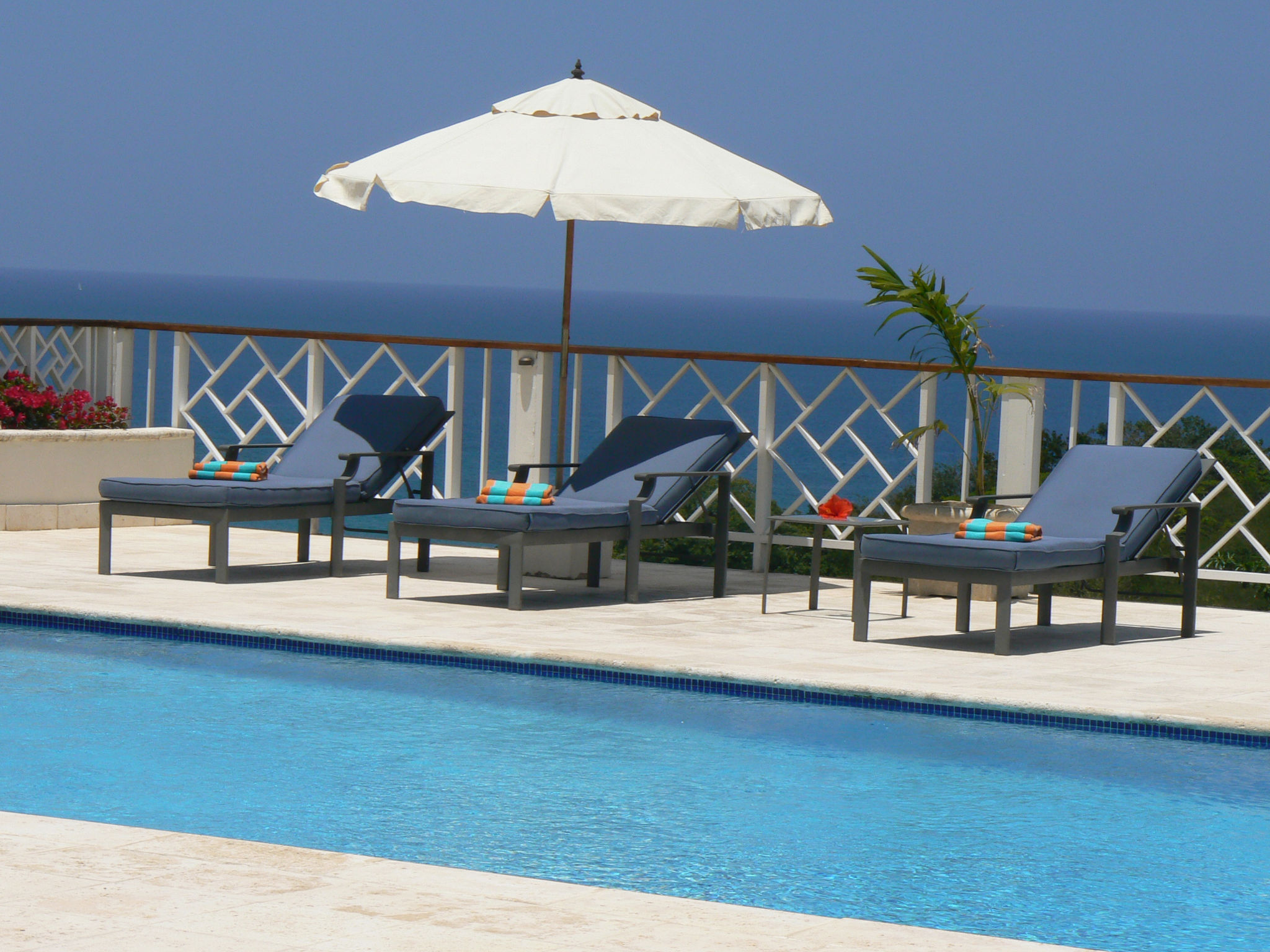 sun loungers at the swimming pool of Haystack, Jamaica