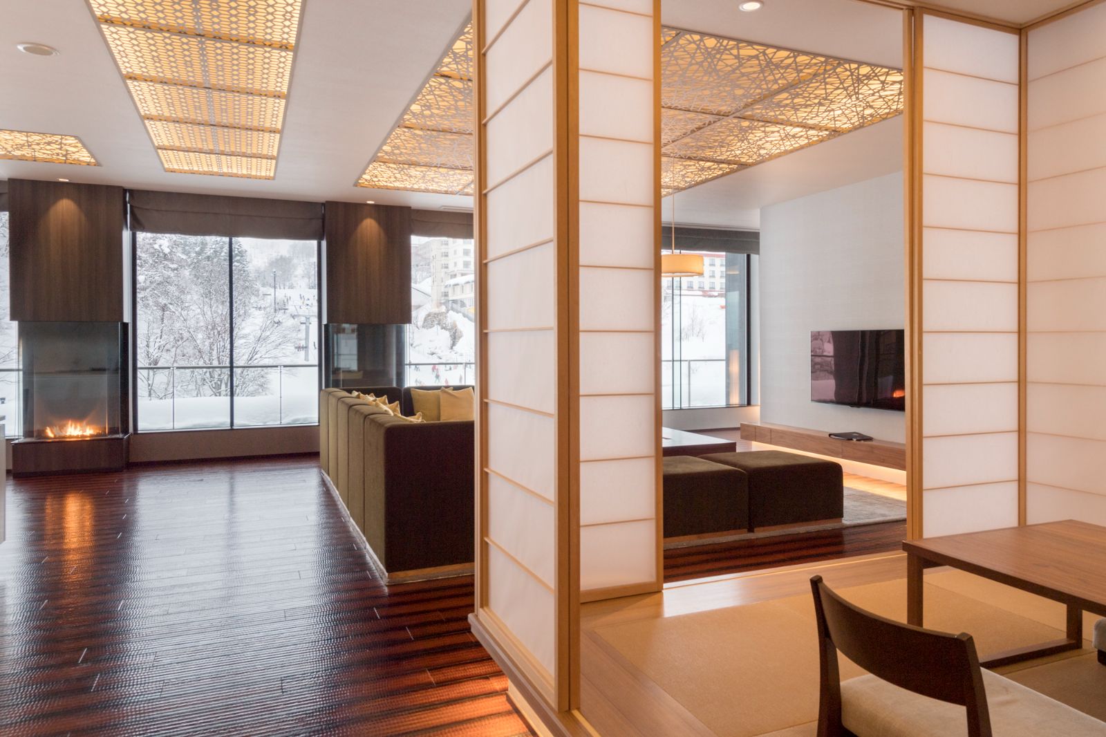 Guest living area and seating at AYA Niseko ski hotel in Japan