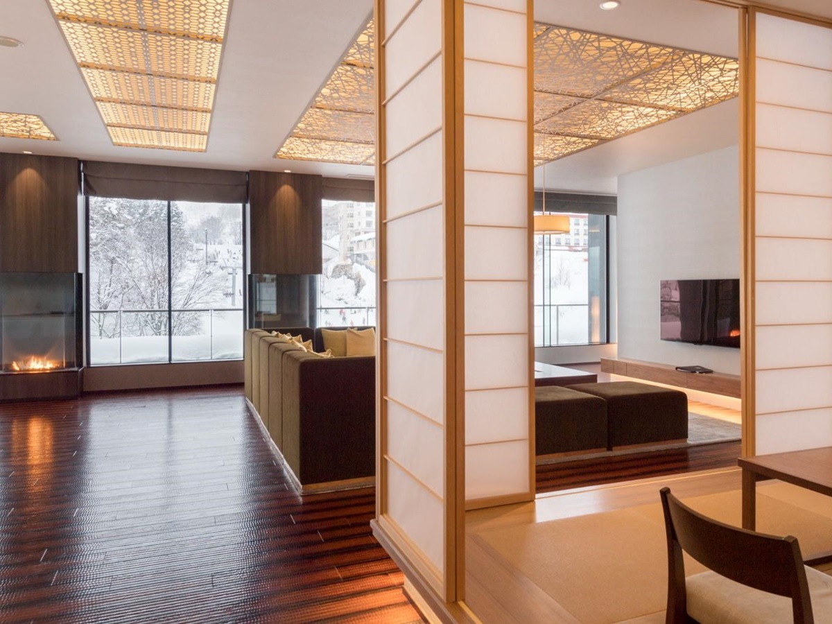 Guest living area and seating at AYA Niseko ski hotel in Japan