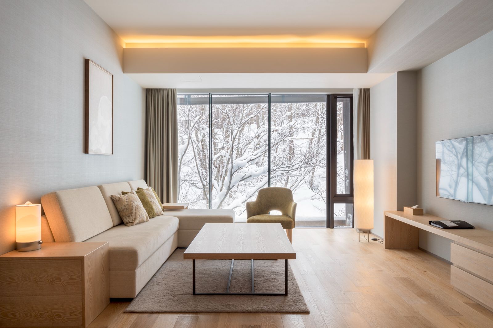 Guest room lounge at AYA Niseko ski hotel in Japan