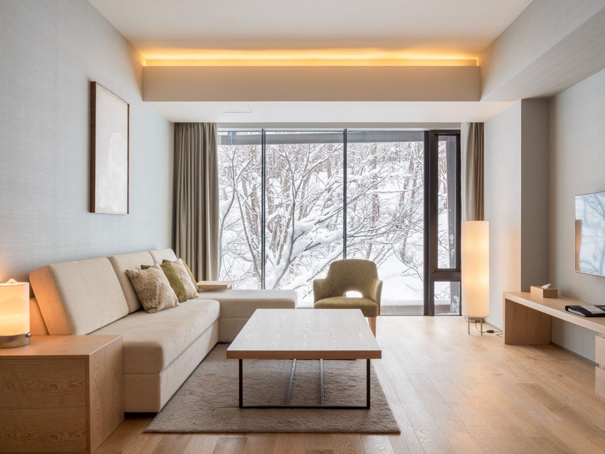 Guest room lounge at AYA Niseko ski hotel in Japan