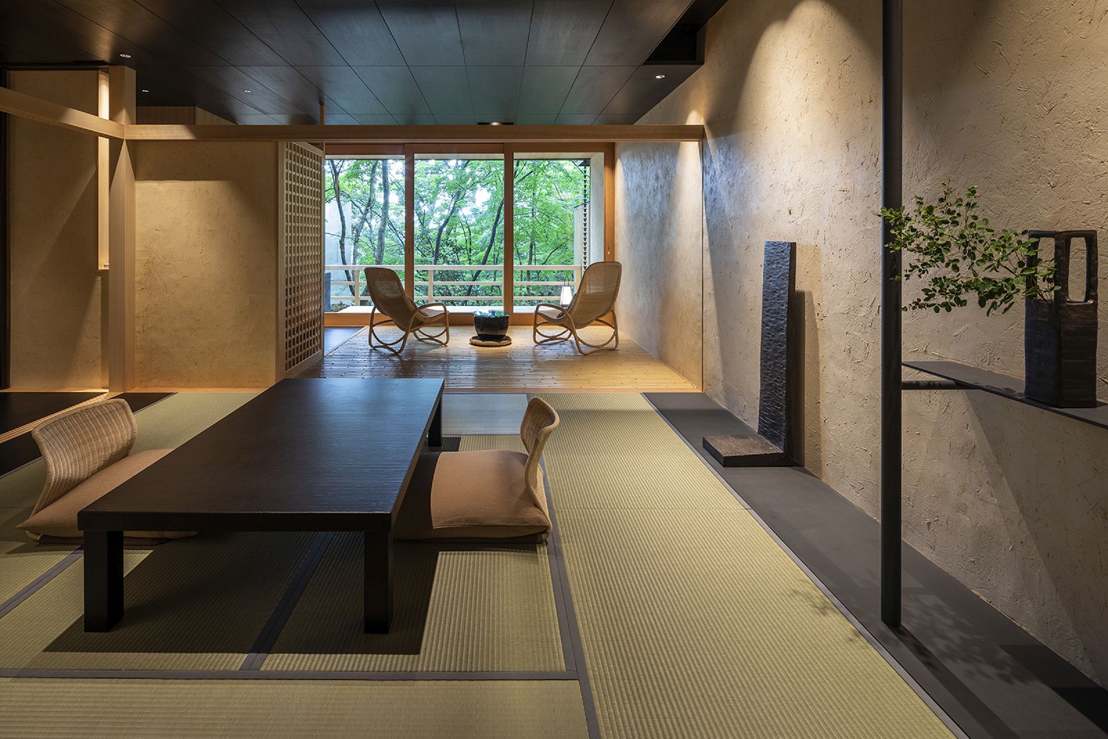 Living area and veranda of a tatami suite at Beniya Mukayu ryokan in Japan