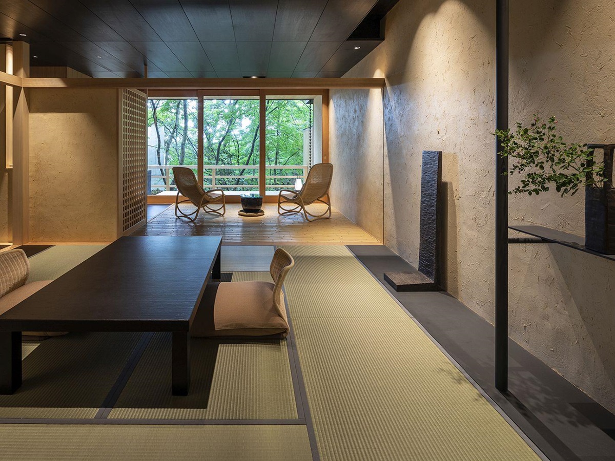 Living area and veranda of a tatami suite at Beniya Mukayu ryokan in Japan