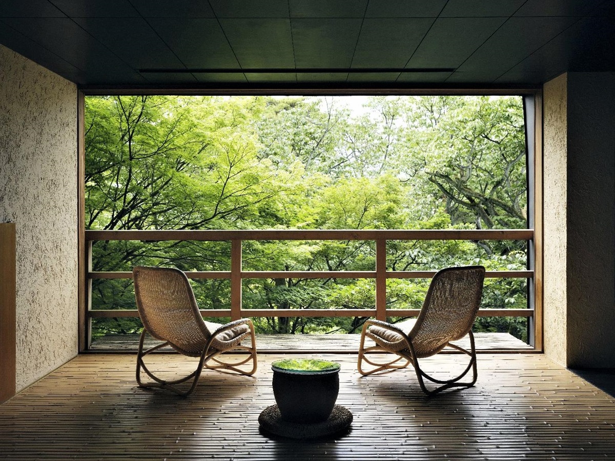Garden view terrace of a suite at Beniya Mukayu in Yamashiro Japan
