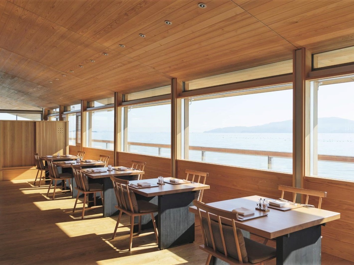 Restaurant dining tables onboard guntû in Japan's Seto Inland Sea