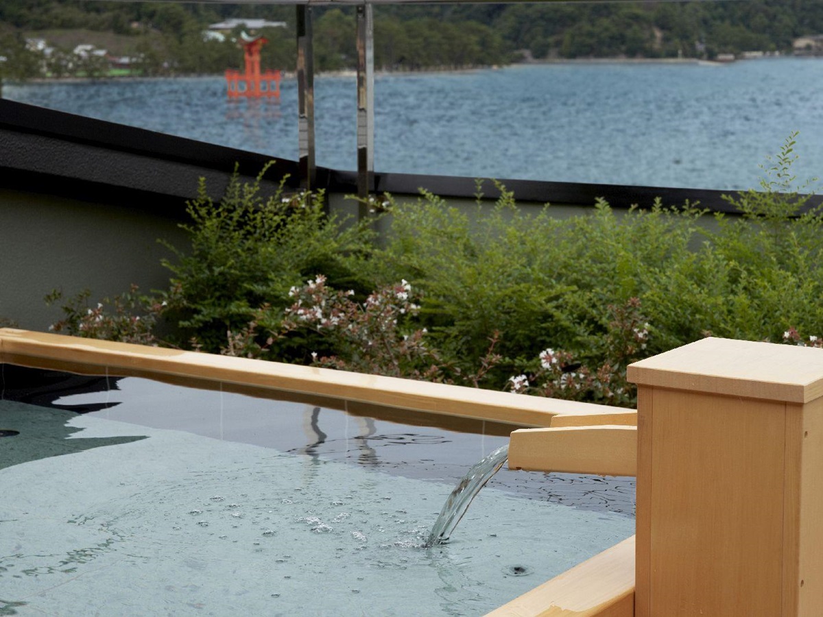 Rooftop tub at Kurayado Iroha Ryokan on Miyajima Island Japan