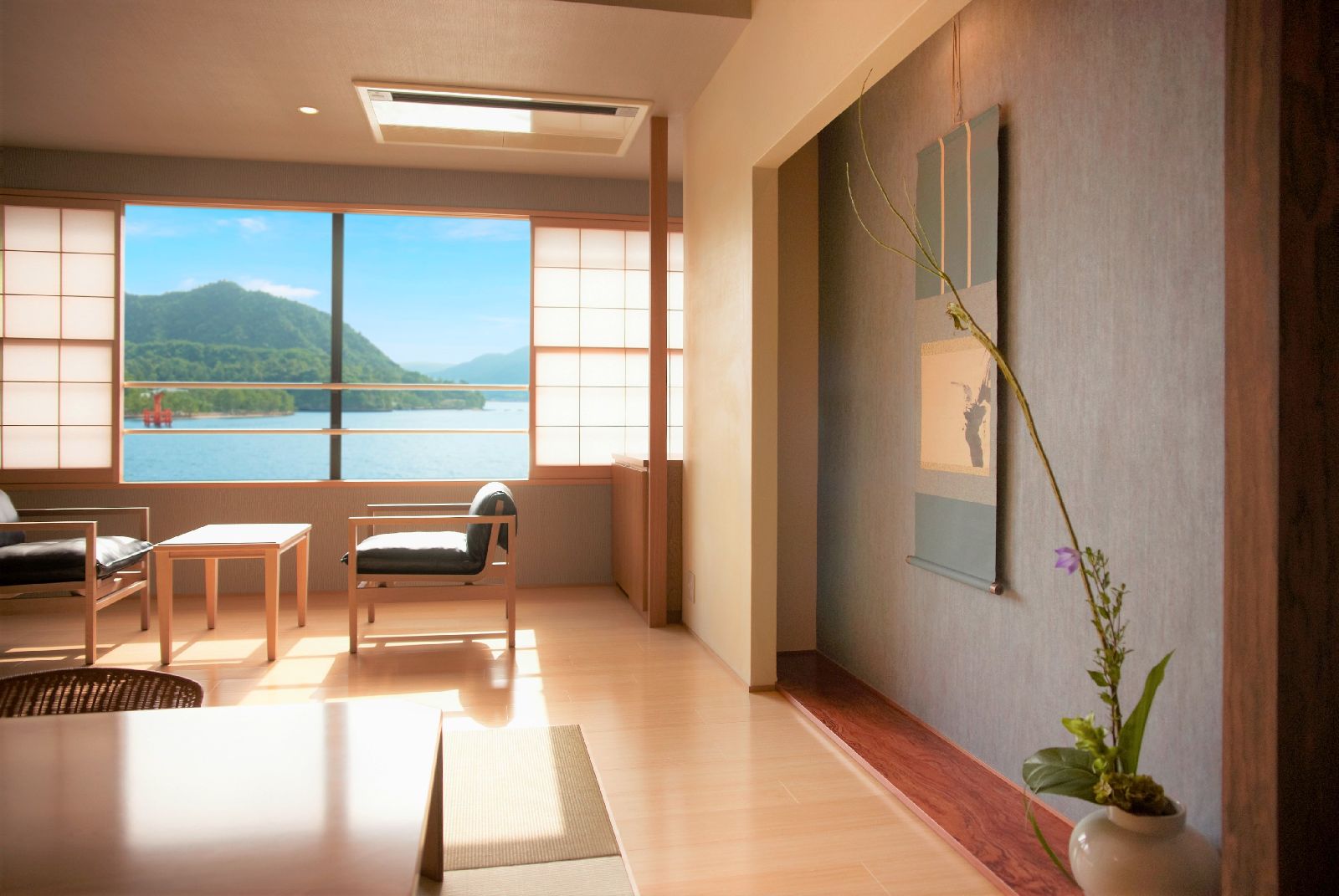 Sea view guest room at Kurayado Iroha Ryokan on Miyajima Island Japan