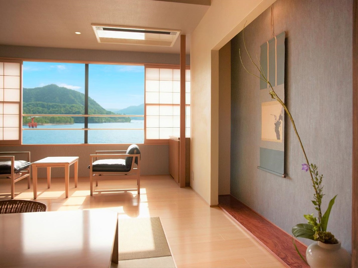 Sea view guest room at Kurayado Iroha Ryokan on Miyajima Island Japan