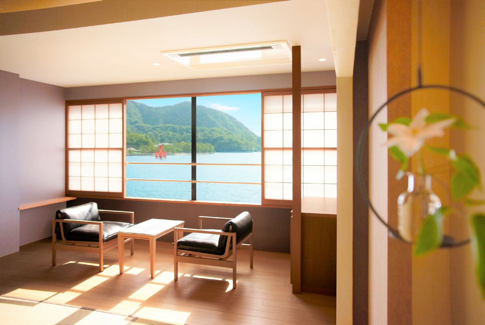 Guest room with torii gate view at Kurayado Iroha Ryokan on Miyajima Island Japan