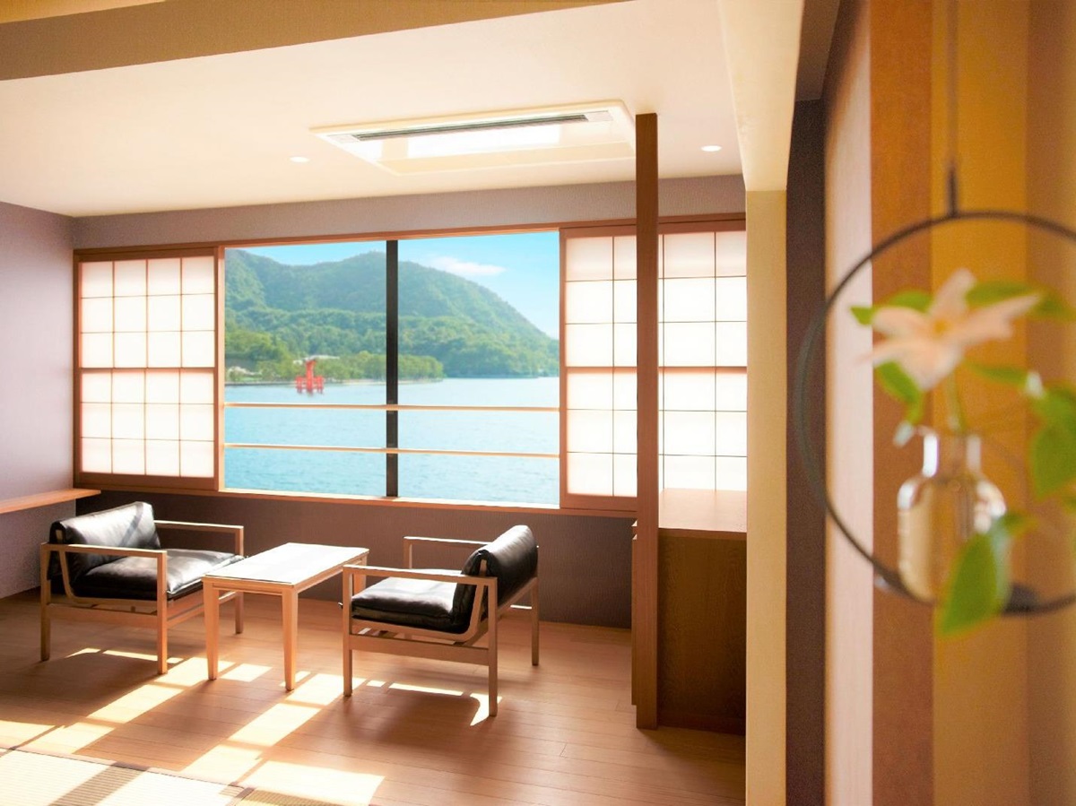 Guest room with torii gate view at Kurayado Iroha Ryokan on Miyajima Island Japan