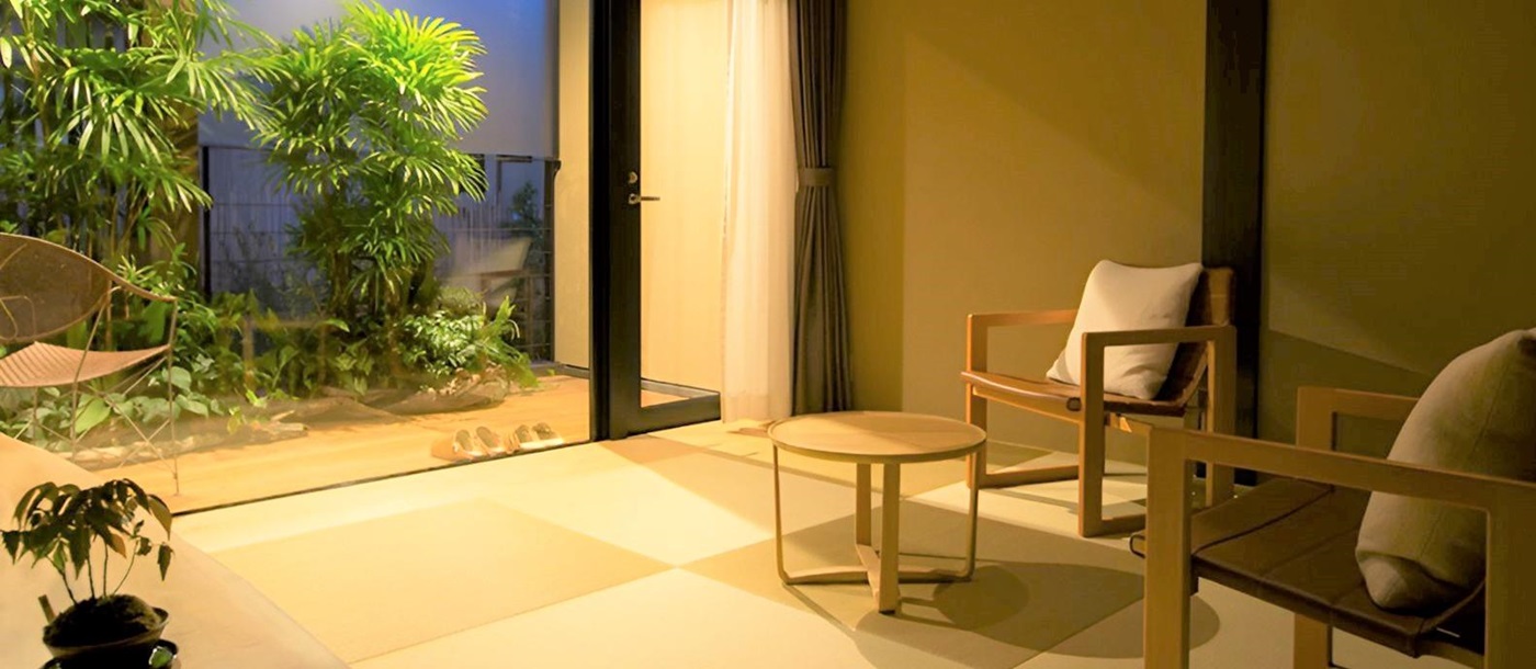 Nishi guest suite living area at Maki No Oto ryokan in Kanazawa's Higashi Chiya district in Japan