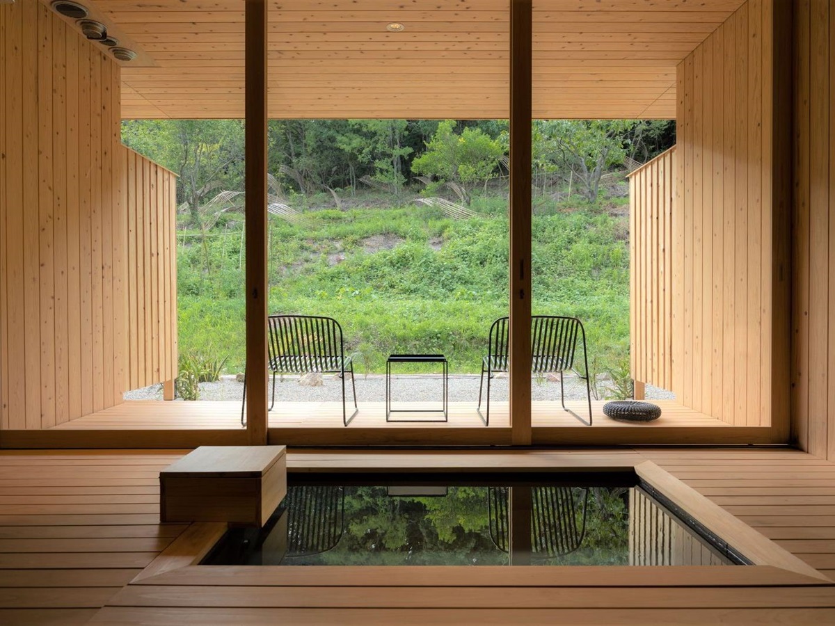 Private bath and terrace at Naoshima Ryokan Roka in Japan