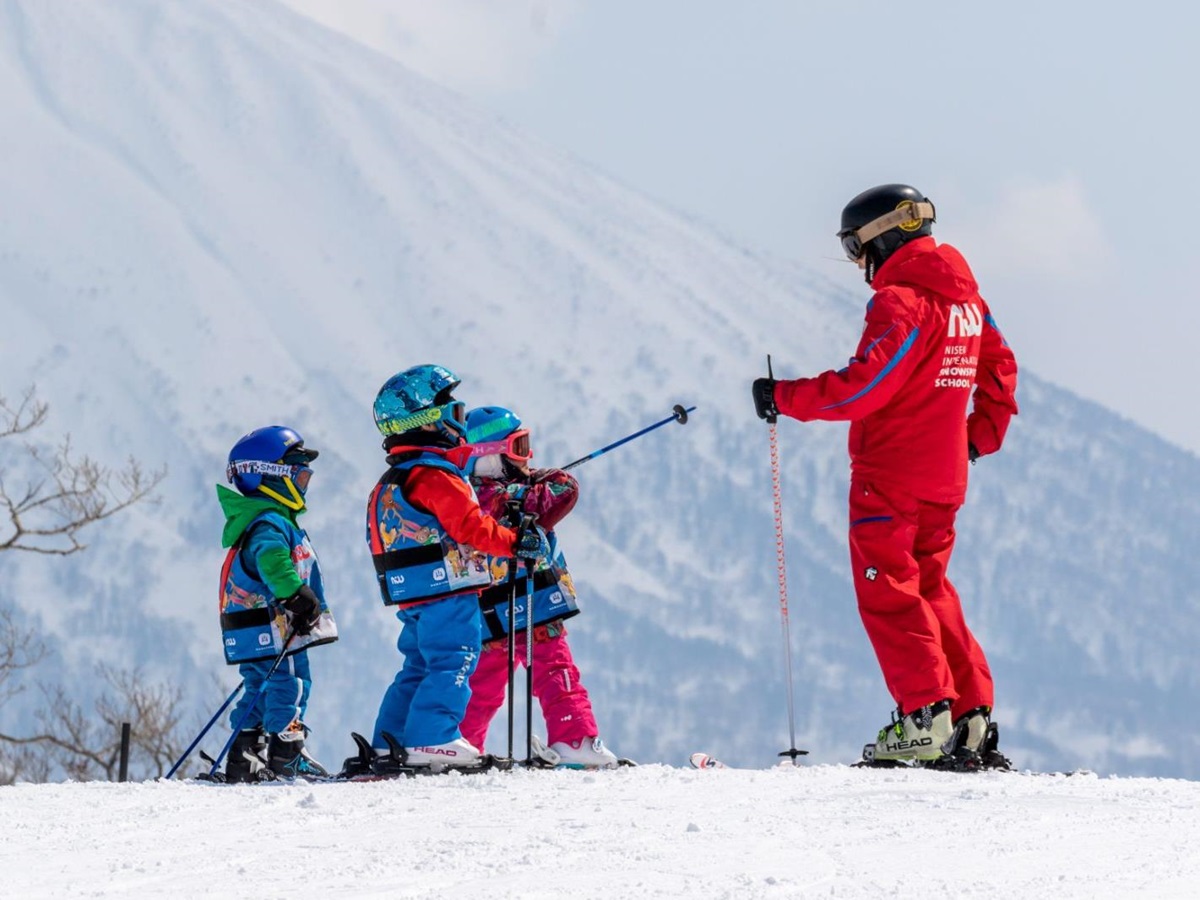 A children's skiing lesson at Park Hyatt Niesko Hanazono ski hotel in Japan