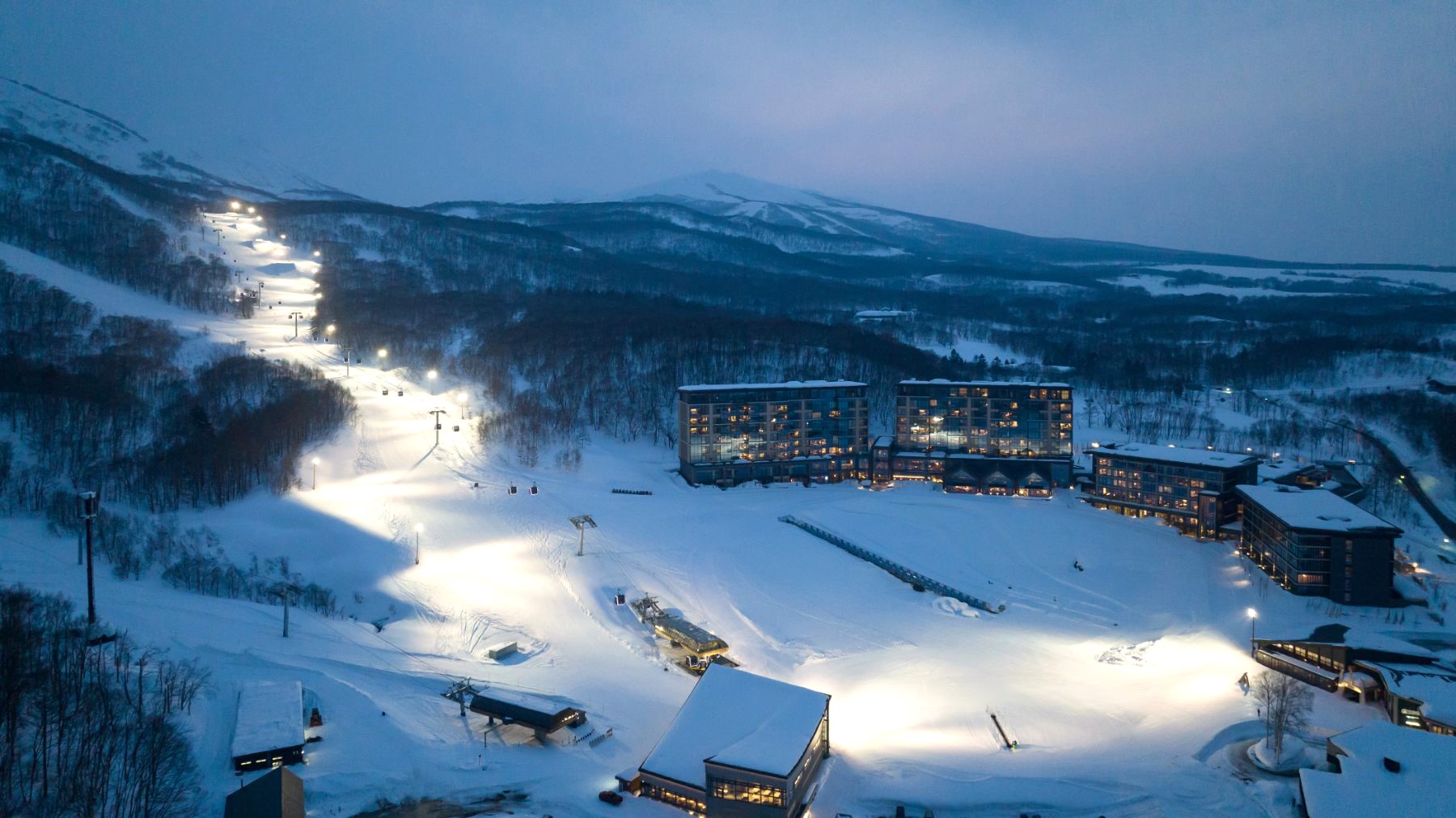 Aerial view of the Park Hyatt Niseko Hanazono and the ski slopes