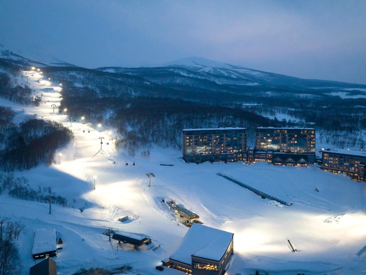 Aerial view of the Park Hyatt Niseko Hanazono and the ski slopes