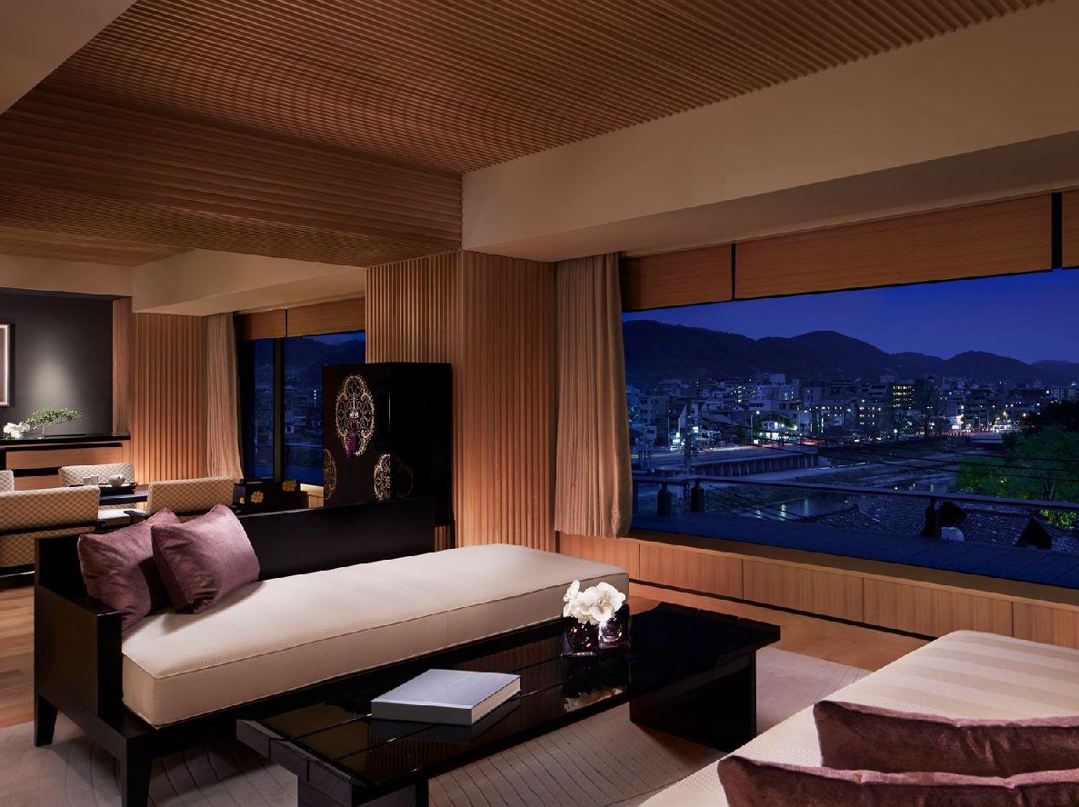 Night view from a corner suite at the Ritz Carlton Kyoto in Japan