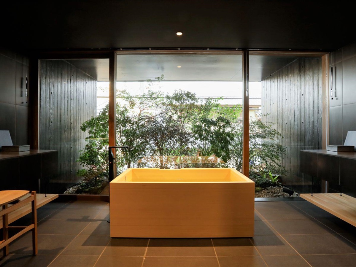 Bathtub in a guest bathroom at Sowaka ryokan in Kyoto, Japan