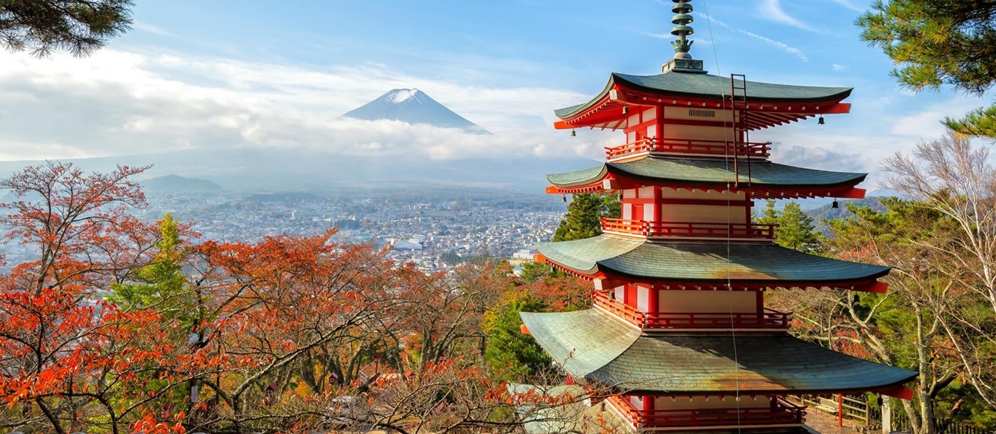 The five storied Chureito Pagoda on the mountainside overlooking Fujiyoshida City and Mount Fuji 