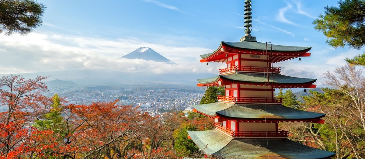 The five storied Chureito Pagoda on the mountainside overlooking Fujiyoshida City and Mount Fuji